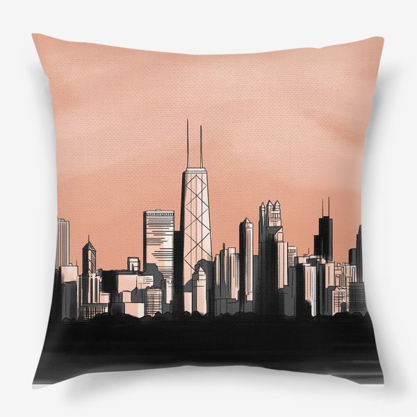 Подушка «Городской пейзаж Чикаго монохром розовое небо»