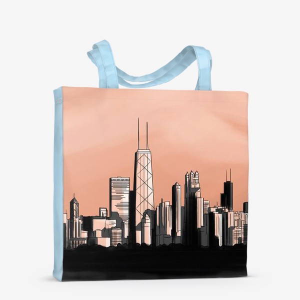 Сумка-шоппер «Городской пейзаж Чикаго монохром розовое небо»
