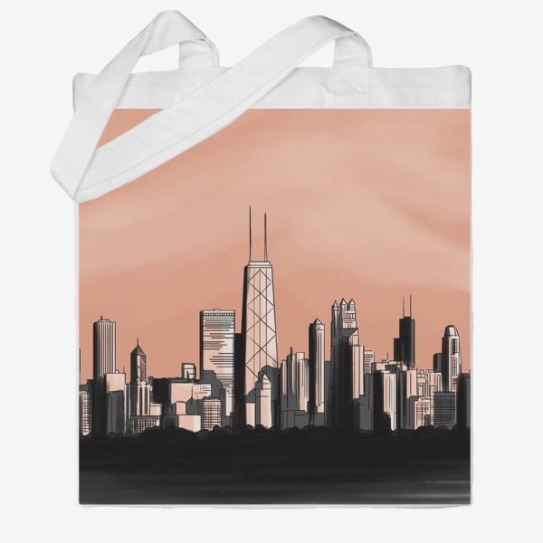 Сумка хб «Городской пейзаж Чикаго монохром розовое небо»
