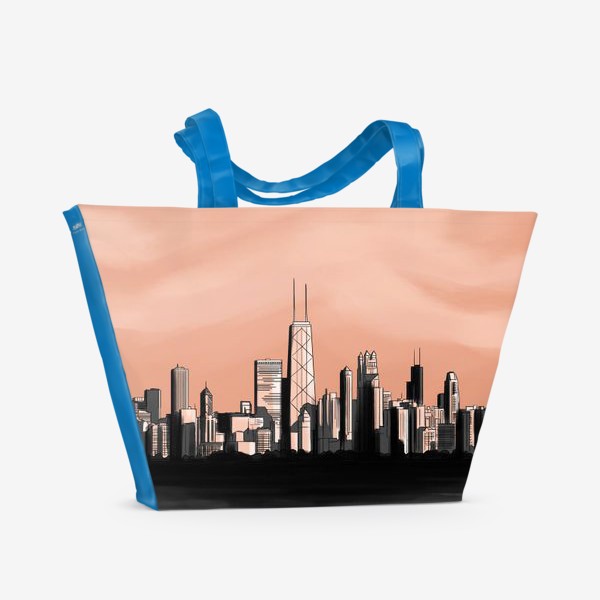 Пляжная сумка «Городской пейзаж Чикаго монохром розовое небо»