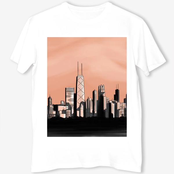 Футболка «Городской пейзаж Чикаго монохром розовое небо»