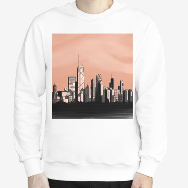 Свитшот «Городской пейзаж Чикаго монохром розовое небо»