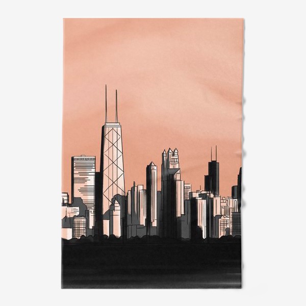 Полотенце «Городской пейзаж Чикаго монохром розовое небо»