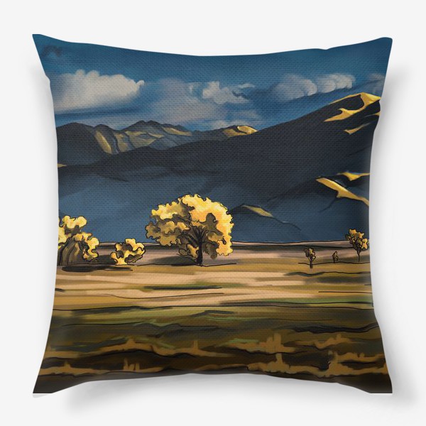 Подушка «Пейзаж с полем деревьями, горами и облаками»