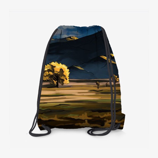 Рюкзак «Пейзаж с полем деревьями, горами и облаками»
