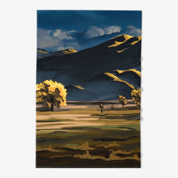 Полотенце «Пейзаж с полем деревьями, горами и облаками»
