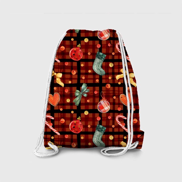 Рюкзак «Новогодний акварельный паттерн на фоне с красной клеткой»