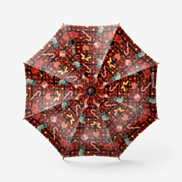 Зонт «Новогодний акварельный паттерн на фоне с красной клеткой»