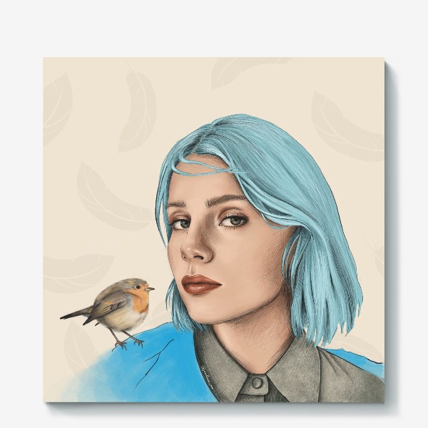 Холст «Портрет. Девушка с голубыми волосами и птичкой»