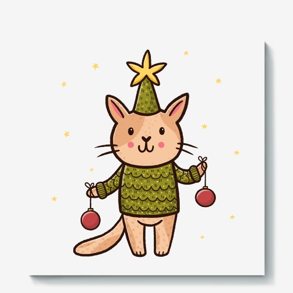 Холст «Новогодний котик в костюме елочки»