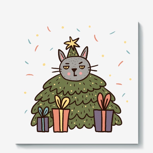 Холст «Недовольный новогодний кот в костюме елочки»