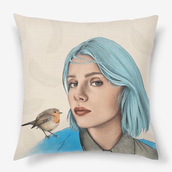 Подушка «Портрет. Девушка с голубыми волосами и птичкой»