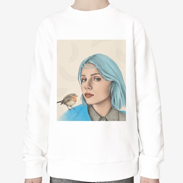 Свитшот «Портрет. Девушка с голубыми волосами и птичкой»