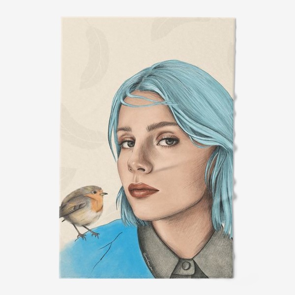 Полотенце «Портрет. Девушка с голубыми волосами и птичкой»
