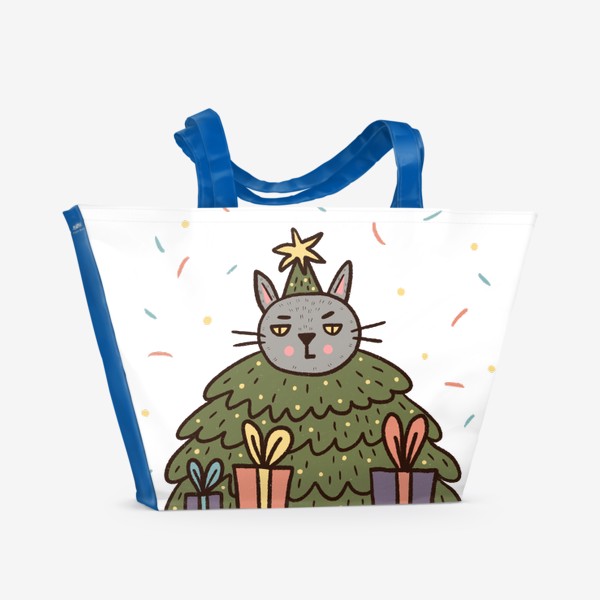 Пляжная сумка &laquo;Недовольный новогодний кот в костюме елочки&raquo;