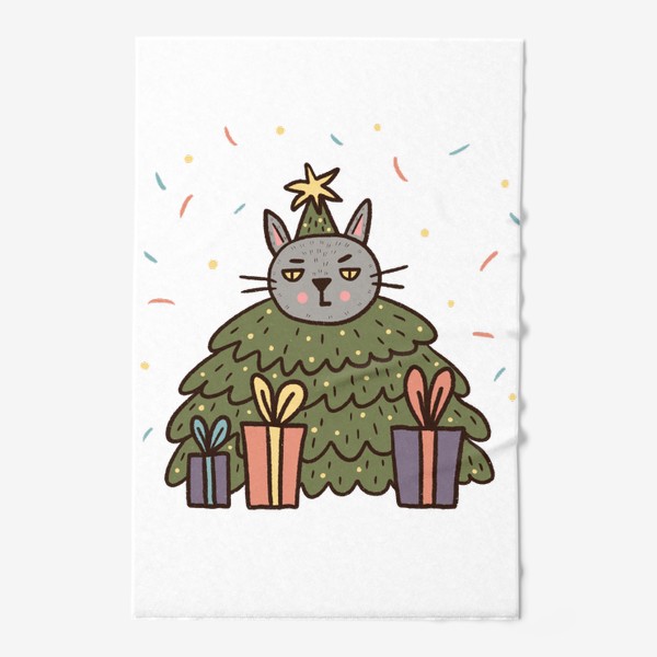 Полотенце «Недовольный новогодний кот в костюме елочки»