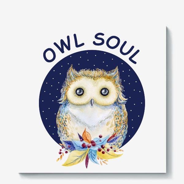 Холст «Сова в синем круге с надписью "Owl soul"»