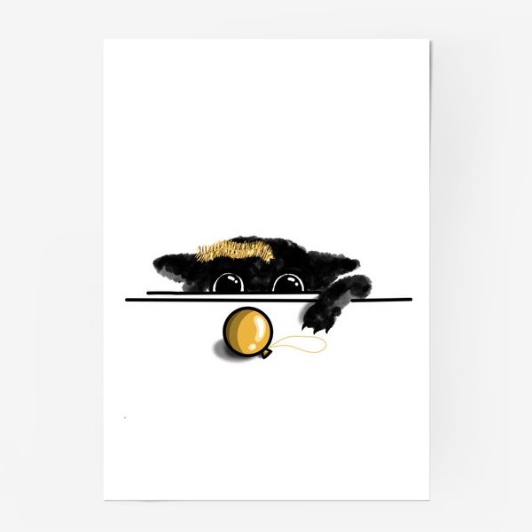 Постер «Чёрный котёнок играется им елочной игрушкой»