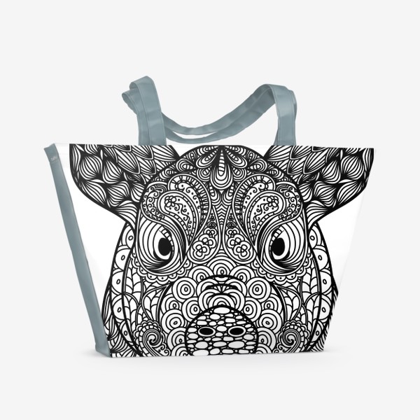 Пляжная сумка &laquo;Узорчатая голова свиньи. Поросенок с этническим орнаментом. Узор в стиле  дудлинг на морде животного&raquo;