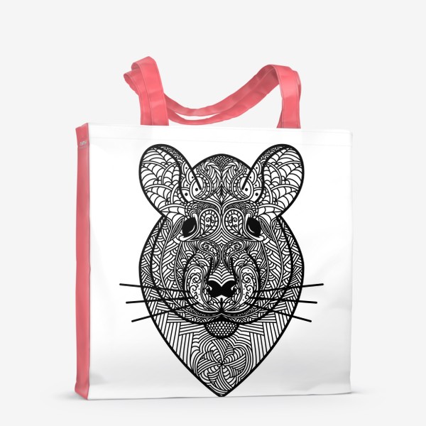 Сумка-шоппер &laquo;Узорчатая голова мышки или хомяка . Рисунок крысы с этническим орнаментом. Узор в стиле  дудлинг на мордочке животного&raquo;