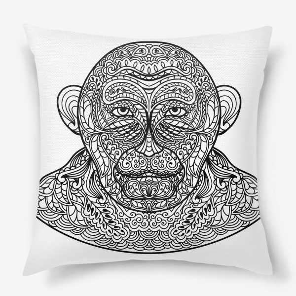 Подушка «Узорчатая голова обезьяны. Рисунок мартышки с этническим орнаментом. Узор в стиле  дудлинг на морде животного»