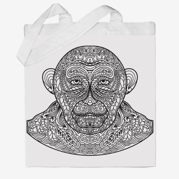 Сумка хб «Узорчатая голова обезьяны. Рисунок мартышки с этническим орнаментом. Узор в стиле  дудлинг на морде животного»