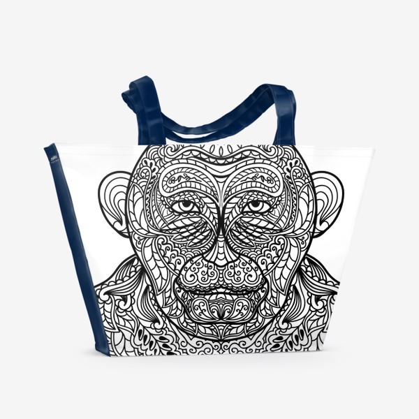 Пляжная сумка &laquo;Узорчатая голова обезьяны. Рисунок мартышки с этническим орнаментом. Узор в стиле  дудлинг на морде животного&raquo;