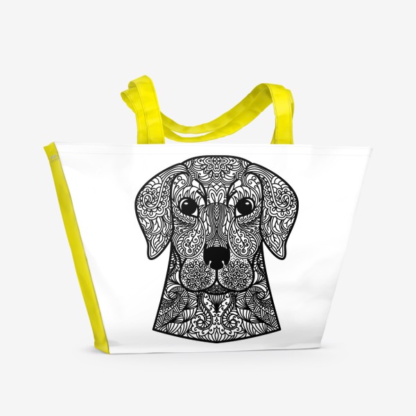 Пляжная сумка &laquo;Собака  Узорчатая голова. Пёс Рисунок с этническим орнаментом. Узор в стиле  дудлинг на морде животного&raquo;