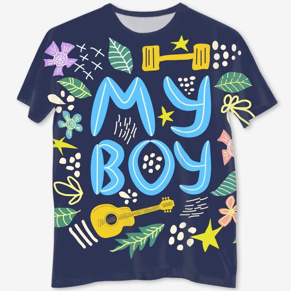 Футболка с полной запечаткой «Надпись "Мой мальчик" с мужскими элементами вокруг»