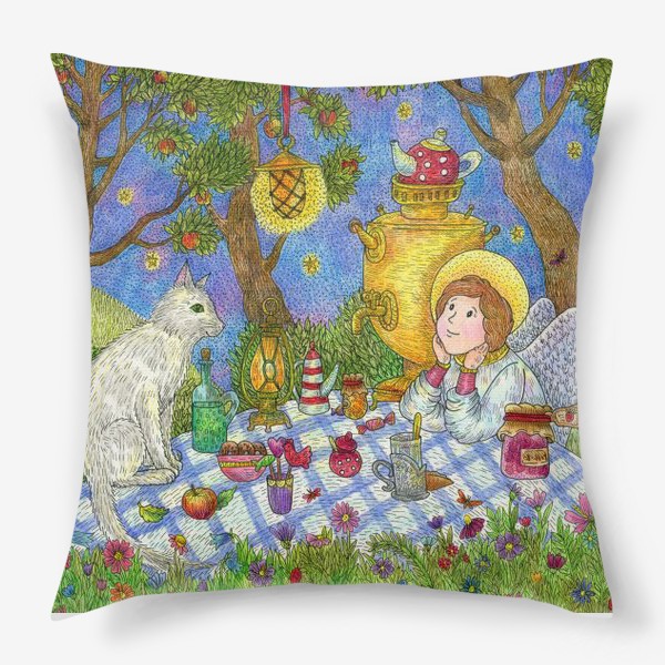 Подушка «Тихий вечер. Ангел и кот в саду.»