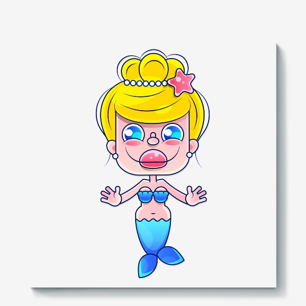 Холст «Cartoon beautiful little mermaid in a wreath. Siren. Sea theme. vector illustration on a white background.»