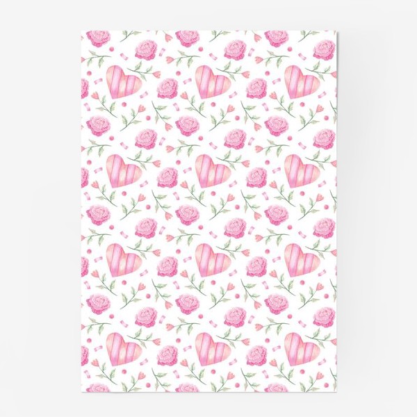 Постер «Нежный паттерн в розовых тонах с цветами и сердечками»