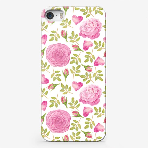 Чехол iPhone «Акварельный орнамент с розами, листьями и сердечками»