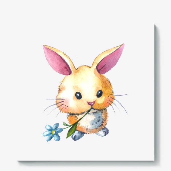Холст «Милый кролик с цветком в зубах акварель»