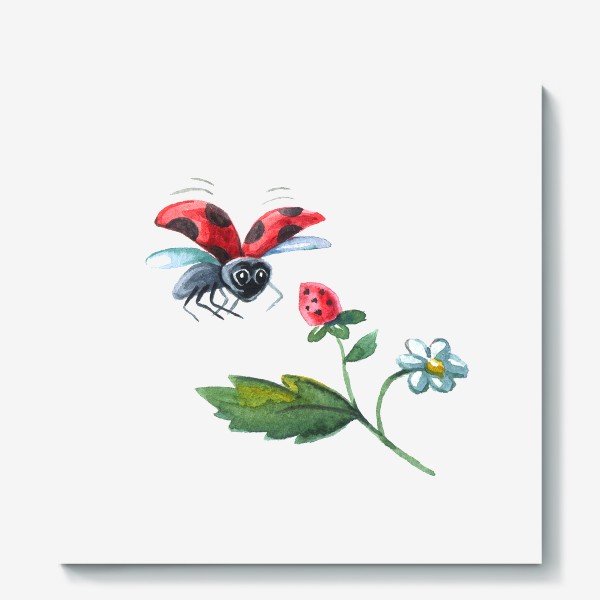 Холст «Бабочка коробочка летит и земляника с цветком акварель»
