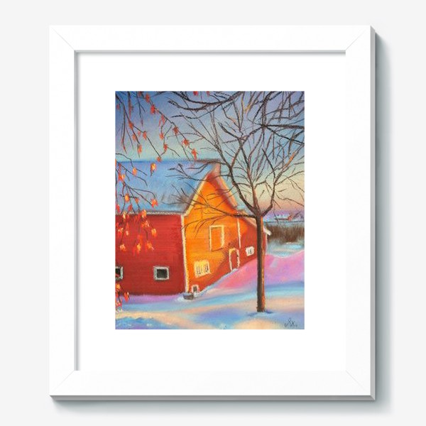 Картина «Рыжий дом Зимний пейзаж Деревенские мотивы Пастель»