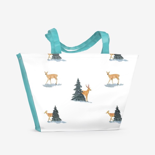 Пляжная сумка «Олени в заснеженом зимнем лесу. Новогодний акварельный паттерн»