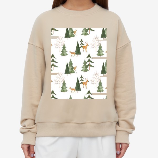Свитшот «Зимний лес. Акварельный паттерн с оленями и абстрактными деревьями на белом фоне»