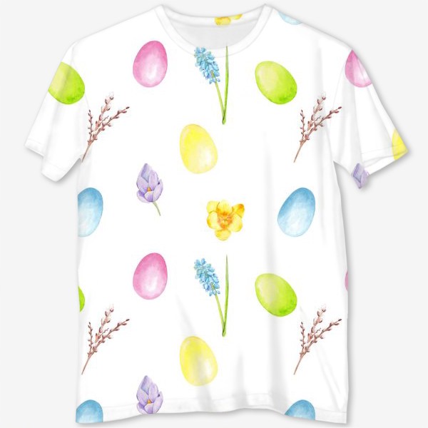 Футболка с полной запечаткой «Пасха. Цветные яйца, весенние цветы, верба. Акварельный паттерн на белом фоне»
