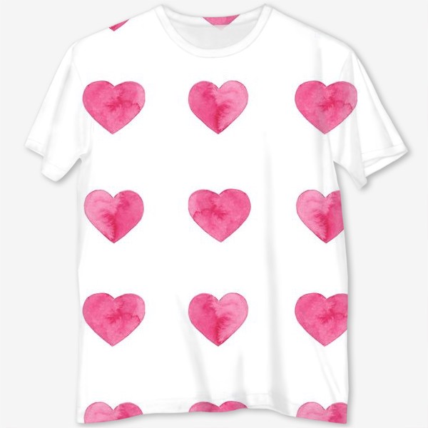 Футболка с полной запечаткой «Розовые акварельные сердца принт на белом фоне, символ любви. »