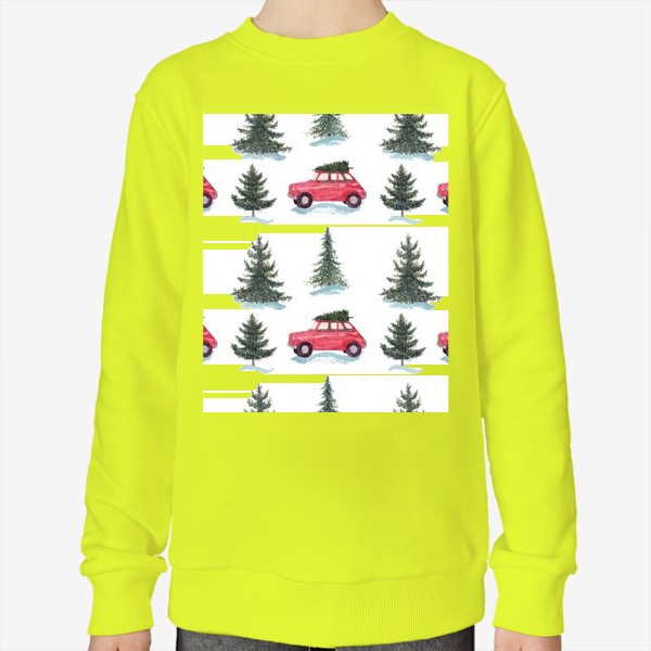 Свитшот «Зимний лес, новогодний акварельный паттерн с красной машиной и елками на белом фоне »