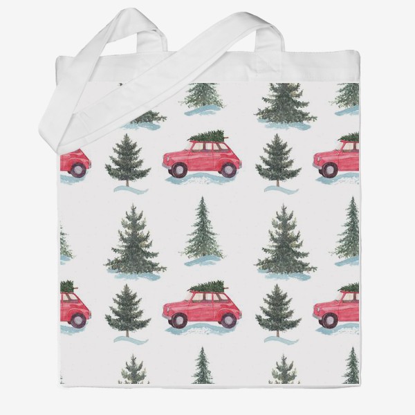Сумка хб «Зимний лес, новогодний акварельный паттерн с красной машиной и елками на белом фоне »