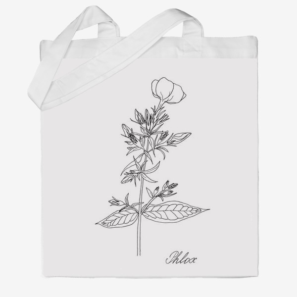 Сумка хб &laquo;Цветок флокса, черно-белая летняя ботаническая иллюстрация, графика, линейный рисунок на белом фоне&raquo;