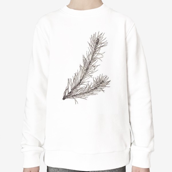 Свитшот «Еловая ветка. Ботаническая графика черно-белая на белом фоне. Зима, природа, новый год, монохром»