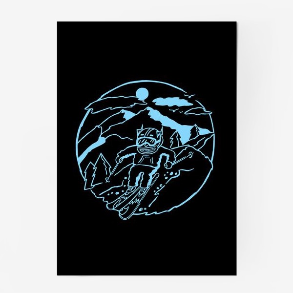 Постер «Горнолыжник. Эльбрус. Подарок любителю гор и зимних видов спорта. Черный фон»