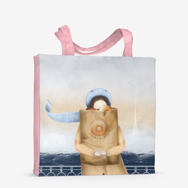Сумка-шоппер «Питер девушка с пакетом пышек на фоне Невы»