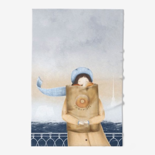 Полотенце «Питер девушка с пакетом пышек на фоне Невы»