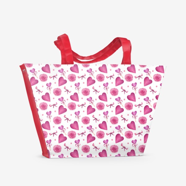 Пляжная сумка «Яркий паттерн на День Святого Валентина с сердцами и розами»