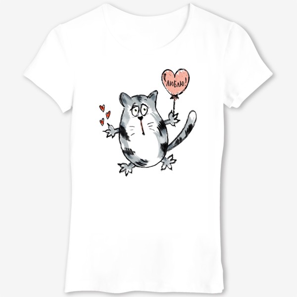 Футболка «Влюблённый кот. Ко Дню Святого Валентина. Надпись- признание: «Люблю!»»