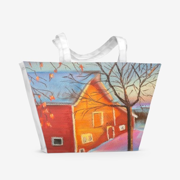 Пляжная сумка «Рыжий дом Зимний пейзаж Деревенские мотивы Пастель»